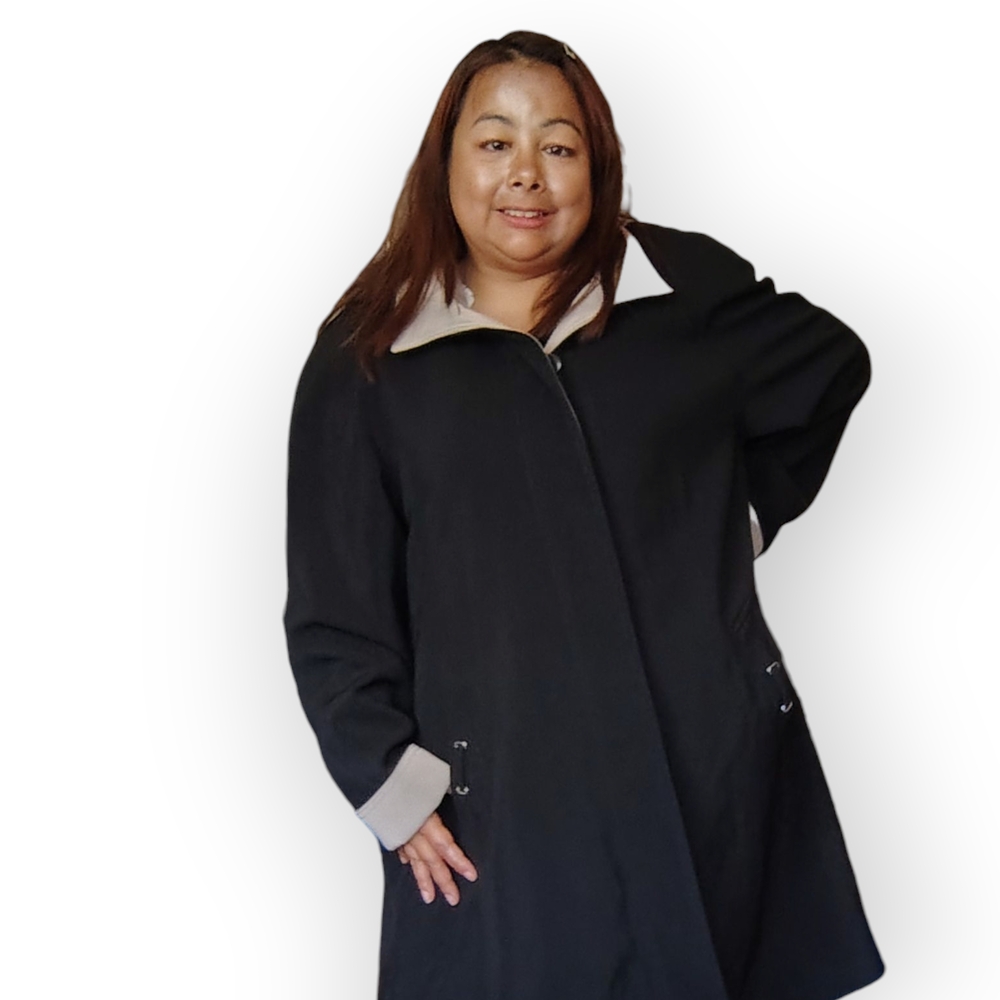 CONTEMPORAINE. Women's Black Trenchcoat With Beige Cuffs On Sleeve Size Large. - Picture 8 of 14